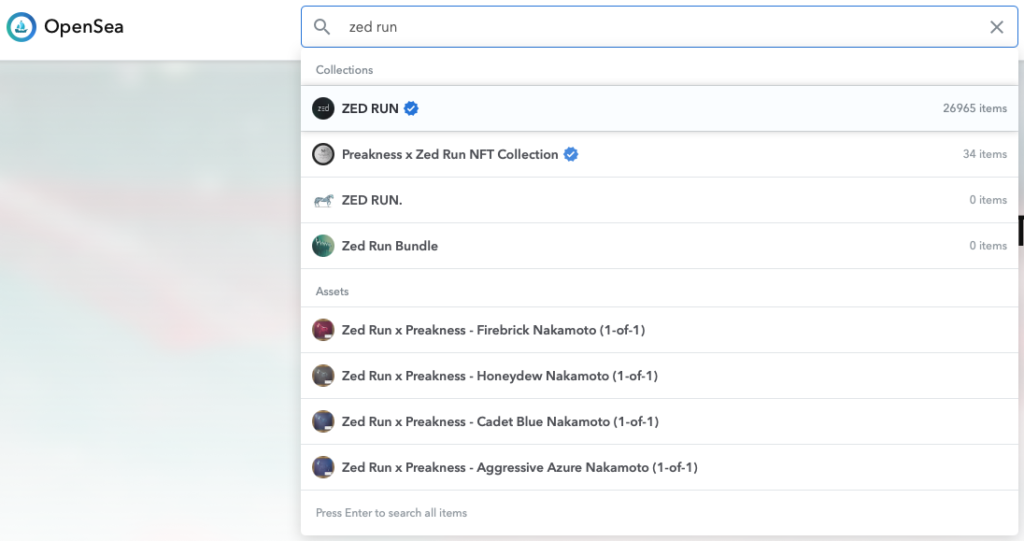 OpenSea ZED Run Search